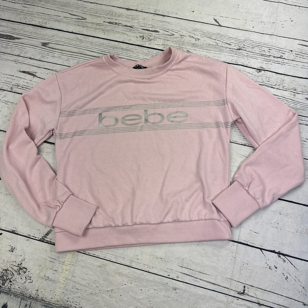 Bebe Sport Womens Pink Pullover Sweatshirt Silver Logo Graphic Thumbholes Size S
